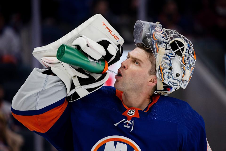 ELMONT, NEW YORK - DECEMBER 30: Semyon Varlamov #40 of the New York Islanders looks on against the Buffalo Sabres at UBS Arena on December 30, 2021 in Elmont, New York. (Photo by Michelle Farsi/NHLI via Getty Images)