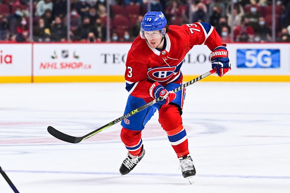 MONTREAL, QC - NOVEMBER 29: Montreal Canadiens right wing Tyler Toffoli (73) skates towards the play during the Vancouver Canucks versus the Montreal Canadiens game on November 29, 2021, at Bell Centre in Montreal, QC (Photo by David Kirouac/Icon Sportswire via Getty Images)