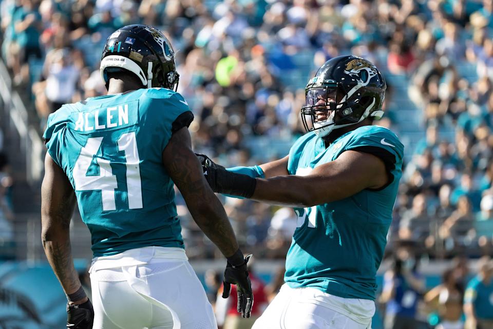 Josh Allen (41) celebrates after a sack during the Jaguars' Week 18 win over the Colts.