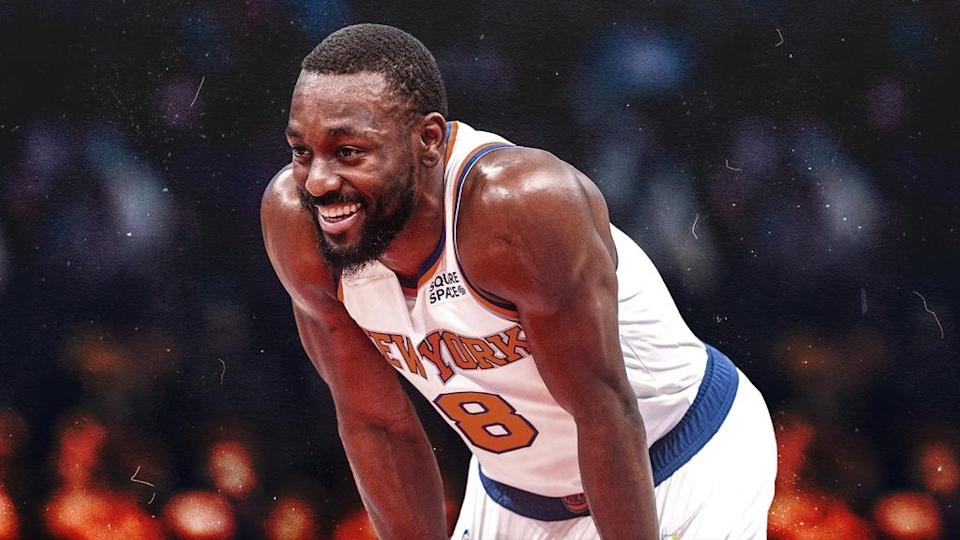 Kemba Walker treated image, bending over with hands on knees and smiling