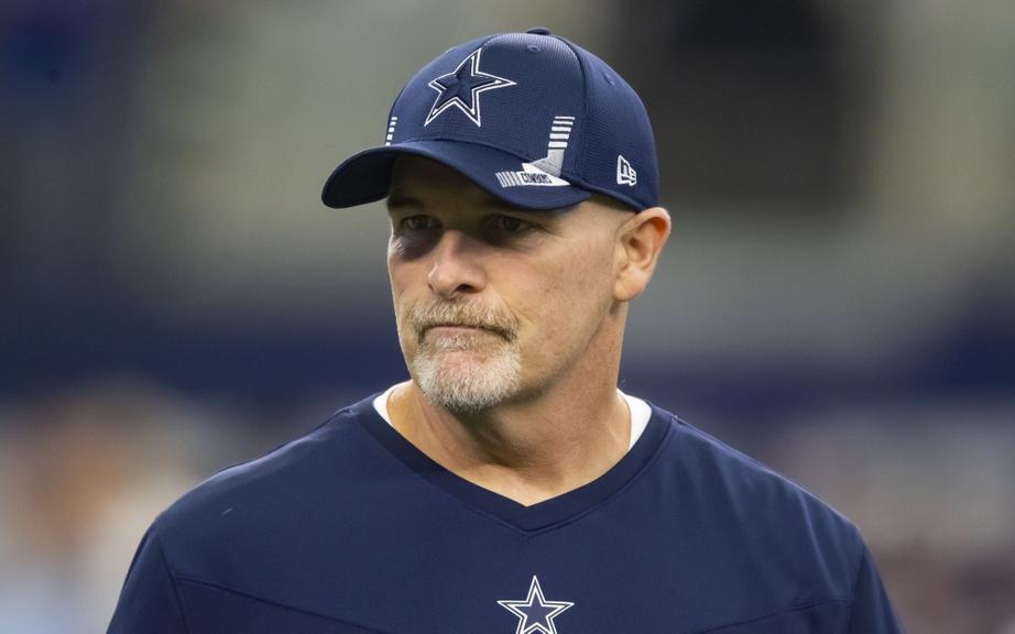 Oct 3, 2021; Arlington, Texas, USA; Dallas Cowboys defensive coordinator Dan Quinn against the Carolina Panthers at AT&amp;T Stadium. Mandatory Credit: Mark J. Rebilas-USA TODAY Sports