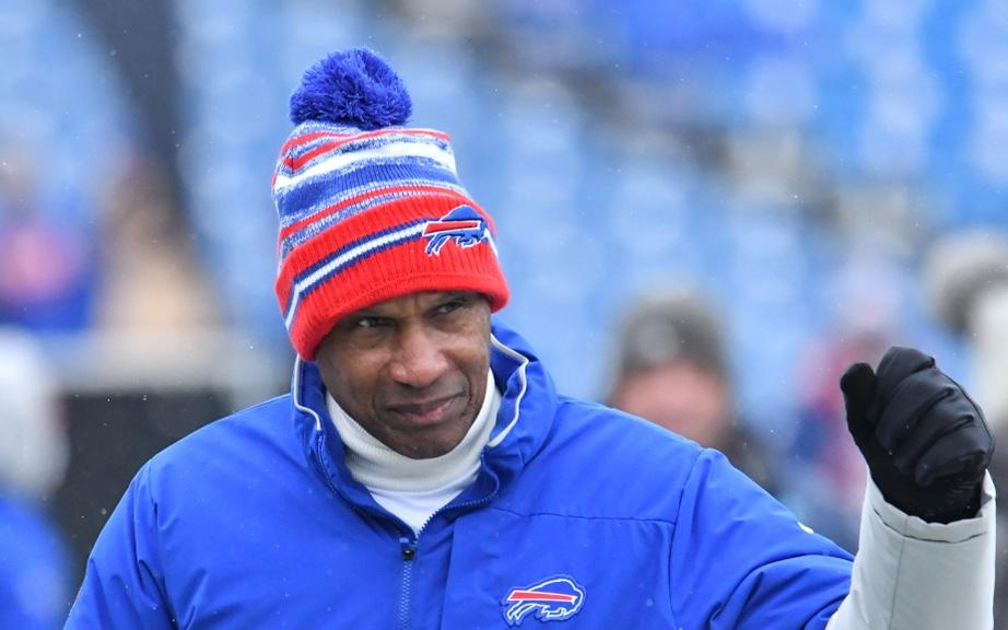 Dec 19, 2021; Orchard Park, New York, USA; Buffalo Bills defensive coordinator Leslie Frazier walks the field before a game against the Carolina Panthers at Highmark Stadium. Mandatory Credit: Mark Konezny-USA TODAY Sports