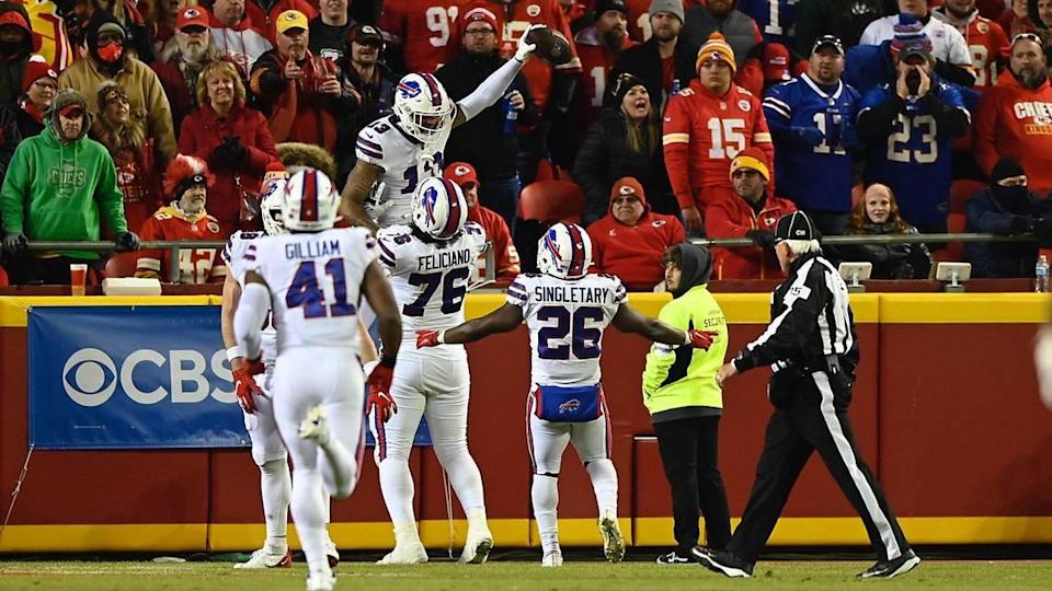 Buffalo Bills wide receiver Gabriel Davis is hoisted by teammates after scoring on a 75-yard reception in the third quarter agains the Chiefs Sunday, January 23, 2022, at Arrowhead Stadium.