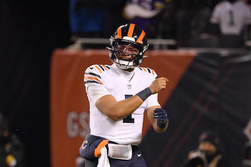 Dec 20, 2021; Chicago, Illinois, USA; Chicago Bears quarterback Justin Fields (1) reacts in the second half against the Minnesota Vikings at Soldier Field. Mandatory Credit: Quinn Harris-USA TODAY Sports