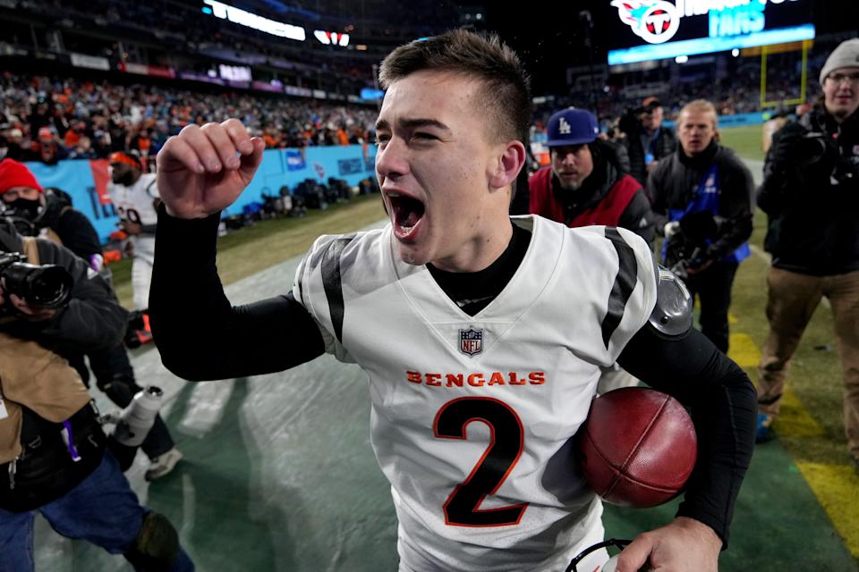 Cincinnati Bengals kicker Evan McPherson (2) celebrates after kicking the game-winning 52-yard field goal to defeat the Tennessee Titans 19-16 during the AFC Divisional playoff football game at Nissan Stadium.