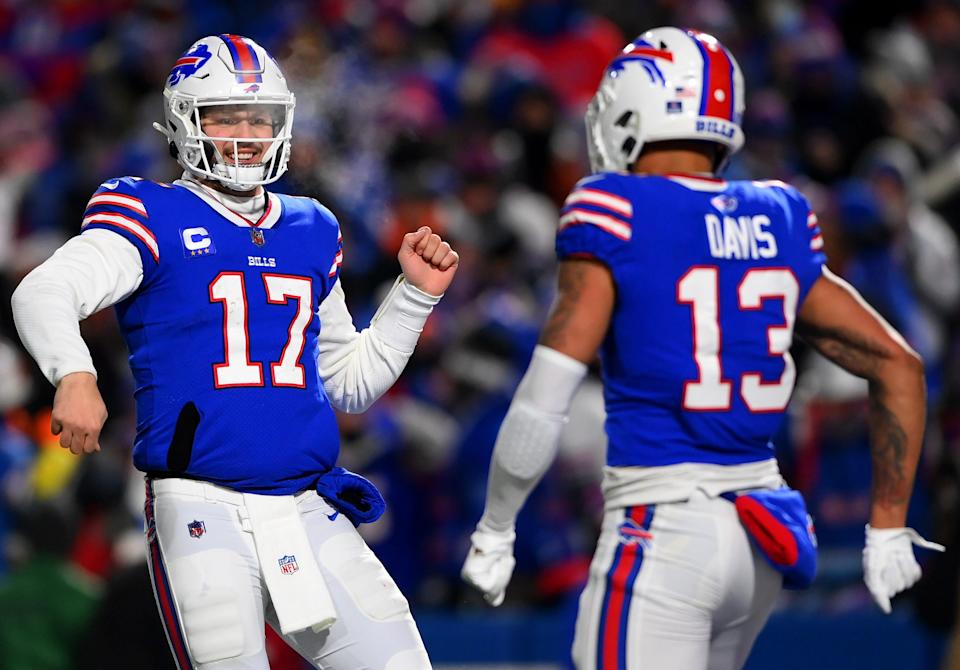 Josh Allen celebrates a third-quarter touchdown with Gabriel Davis.