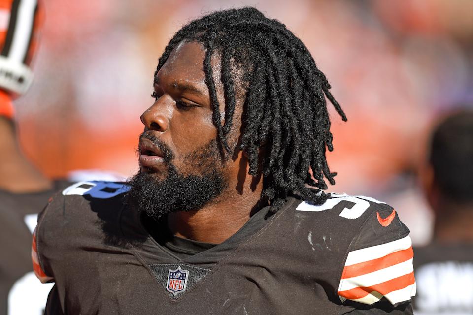 CLEVELAND, OH - OCTOBER 31: Malik McDowell #58 of the Cleveland Browns looks on during the second half against the Pittsburgh Steelers at FirstEnergy Stadium on October 31, 2021 in Cleveland, Ohio. (Photo by Nick Cammett/Diamond Images via Getty Images)