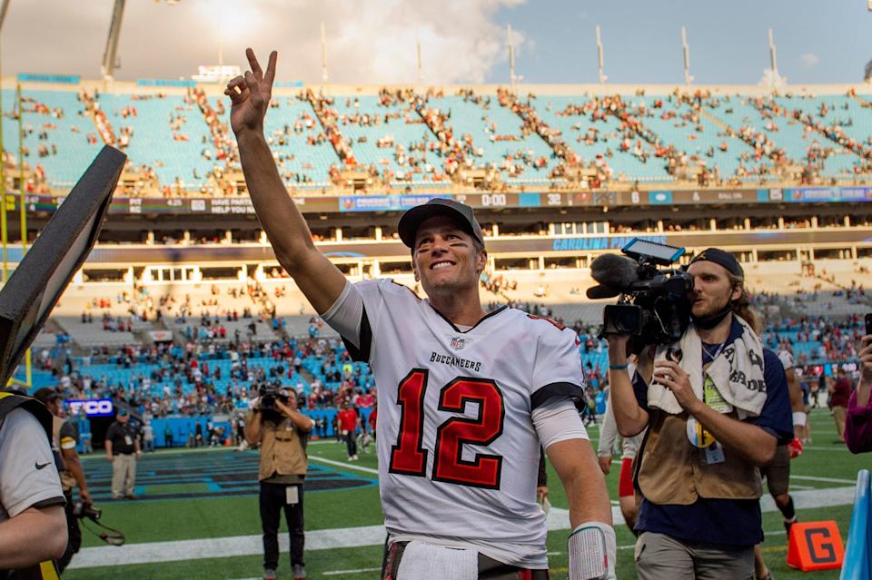Tampa Bay Buccaneers quarterback Tom Brady (12) walks off the field after the game at Bank of America Stadium.
