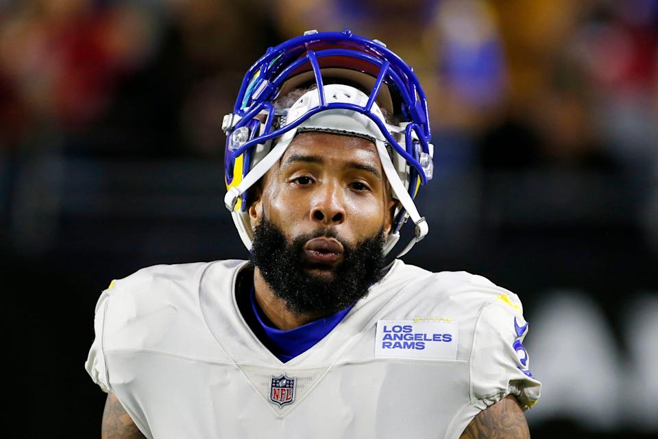 Los Angeles Rams wide receiver Odell Beckham Jr. warms up prior to an NFL football game against the Arizona Cardinals, Monday, Dec. 13, 2021, in Glendale, Ariz. (AP Photo/Ralph Freso)
