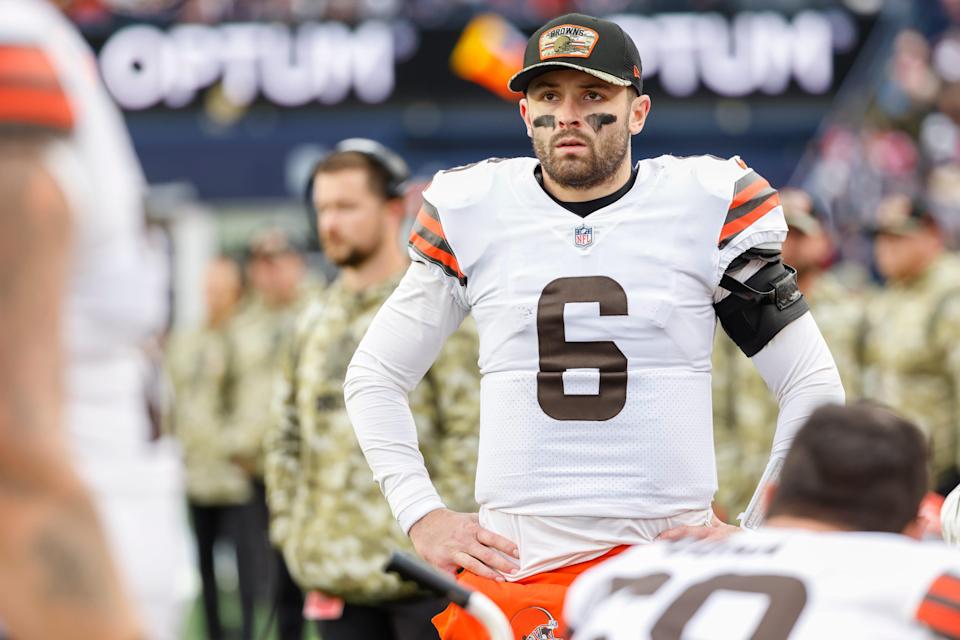 Cleveland Browns quarterback Baker Mayfield (6) reacts on the sideline after being taken out of the game after a hit during the second half of an NFL football game against the New England Patriots, Sunday, Nov. 14, 2021, in Foxborough, Mass.