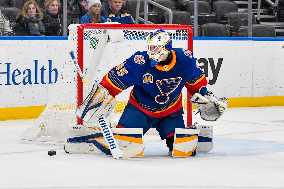 St. Louis Blues goaltender Ville Husso (35) should be added in more fantasy hockey leagues