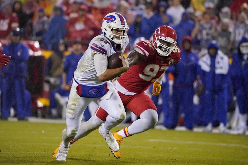 Buffalo Bills quarterback Josh Allen as Kansas City Chiefs defensive end Alex Okafor (97) pursues in October.