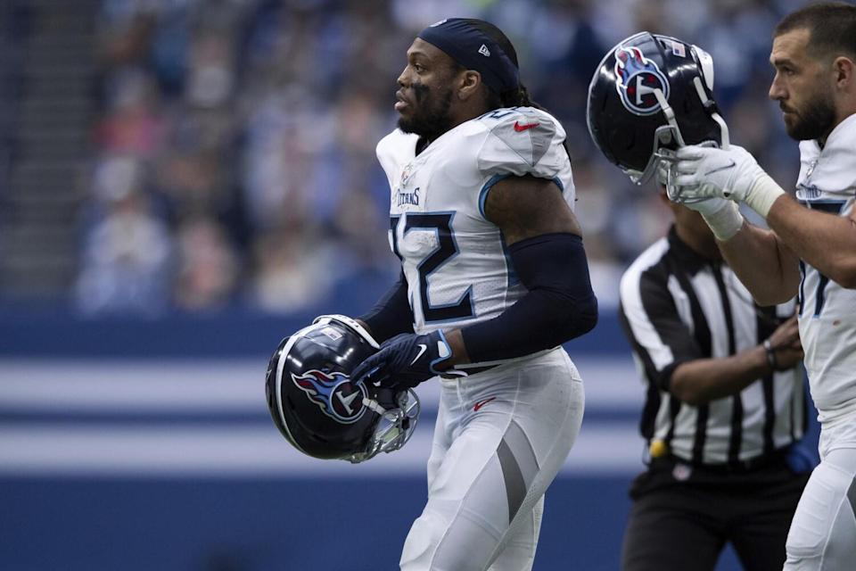 Tennessee Titans running back Derrick Henry (22) walks onto the field.