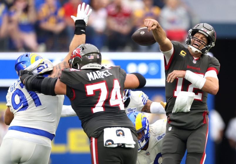 Buccaneers quarterback Tom Brady loses control of the ball against the Rams on Sept. 26, 2021, at SoFi Stadium.