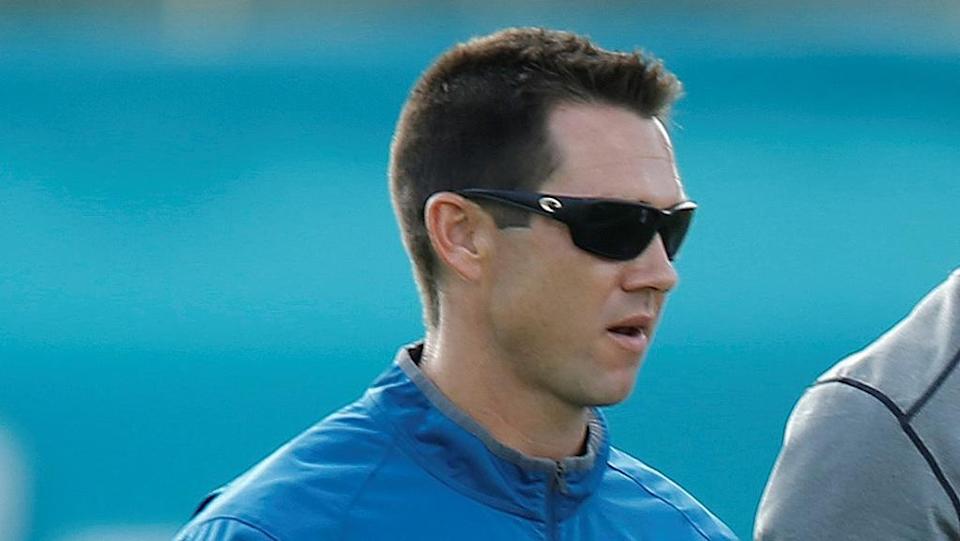 Joe Schoen, Director of Player Personnel, watches the Miami Dolphins run drills during the teams training camp on August 1, 2016 at the Miami Dolphins training facility in Davie, Florida.