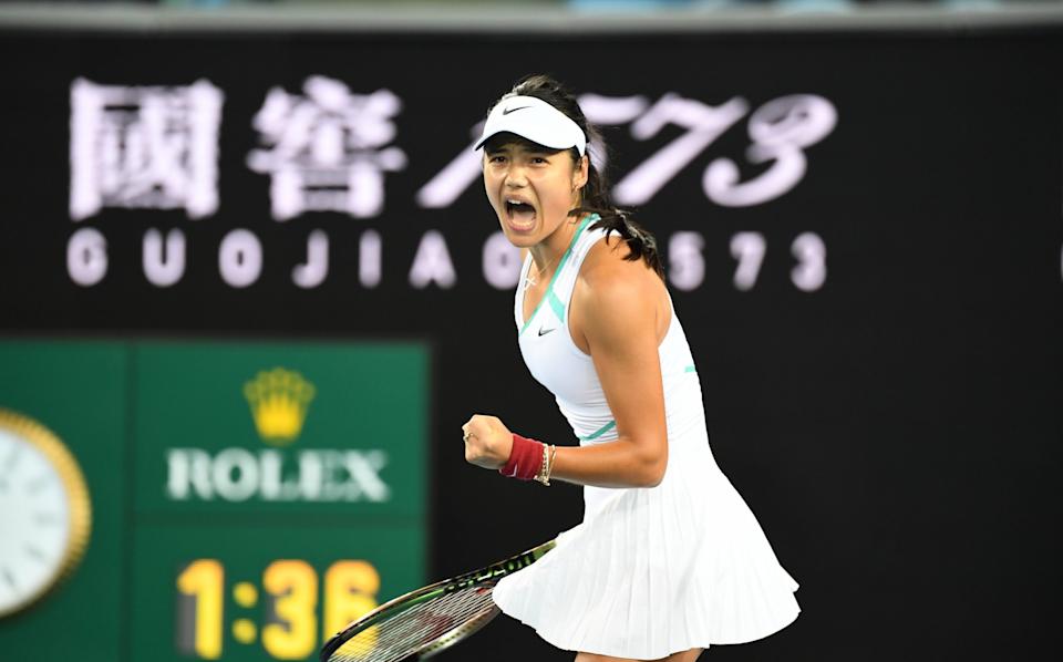 Emma Raducanu of Great Britain celebrates winning a point during her first round singles match against Sloane Stephens of United States during day two of the 2022 Australian Open at Melbourne Park on January 18, 2022 in Melbourne, Australia. - GETTY IMAGES