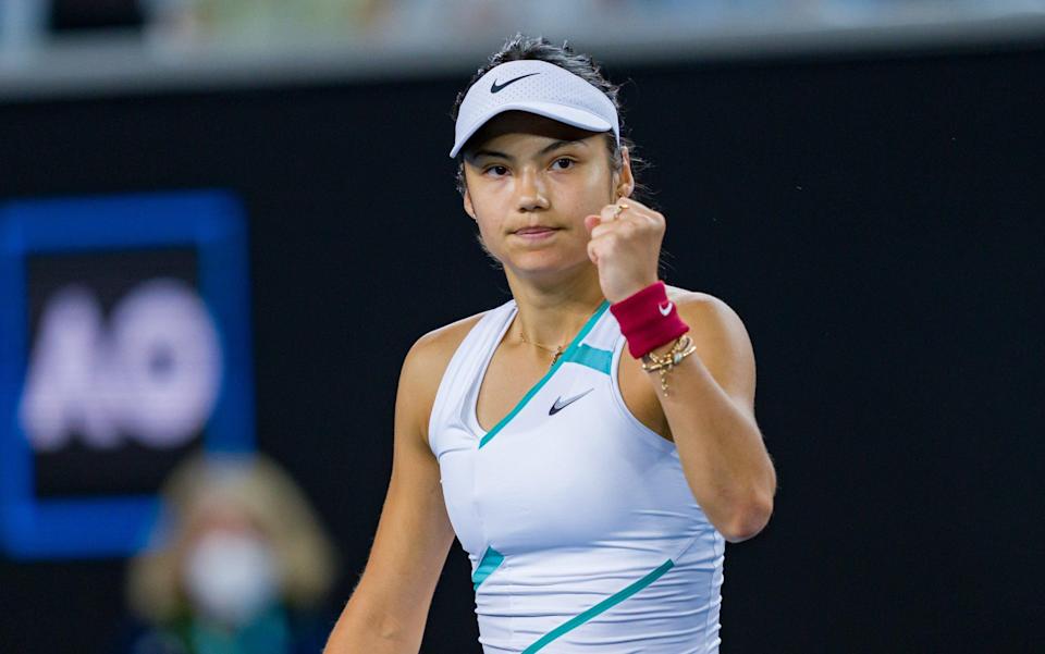 Emma Raducanu of Great Britain celebrates winning a point in her first round singles match against Sloane Stephens of United States during day 2 of the 2022 Australian Open at Melbourne Park on January 18, 2022 in Melbourne, Australia. - GETTY IMAGES