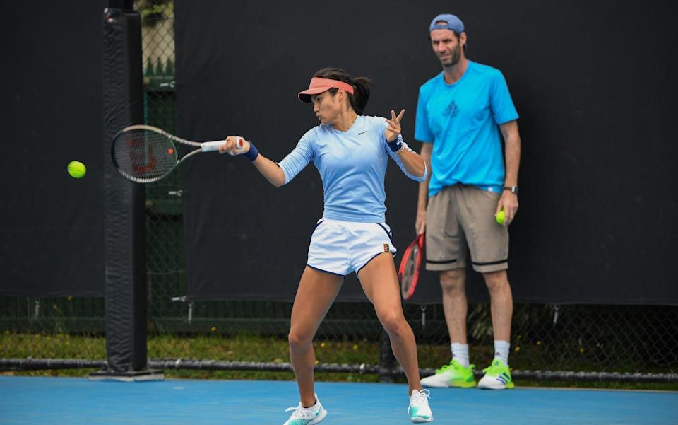 Emma Raducanu of Great Britain practices alongside coach Torben Beltz at Albert Park courts during day one of the 2022 Australian Open on January 17, 2022 in Melbourne, Australia. - GETTY IMAGES