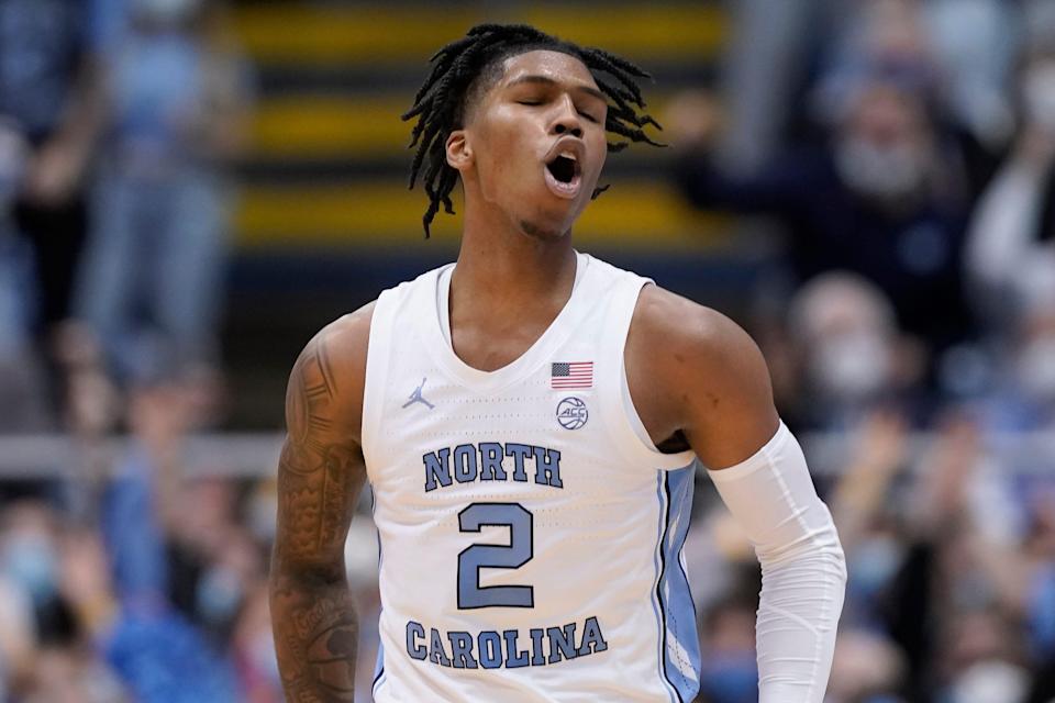 North Carolina guard Caleb Love celebrates during the Tar Heels’ defeat of N.C. State on Saturday at the Smith Center.