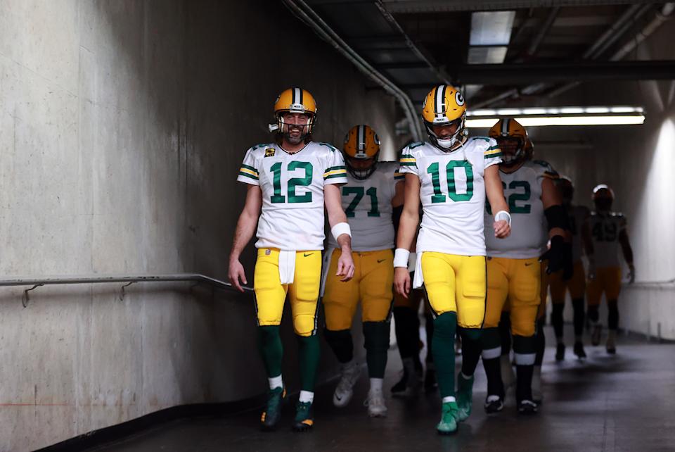 Who will be leading the Packers out of the tunnel in 2022: Aaron Rodgers or Jordan Love? (Photo by Rey Del Rio/Getty Images)