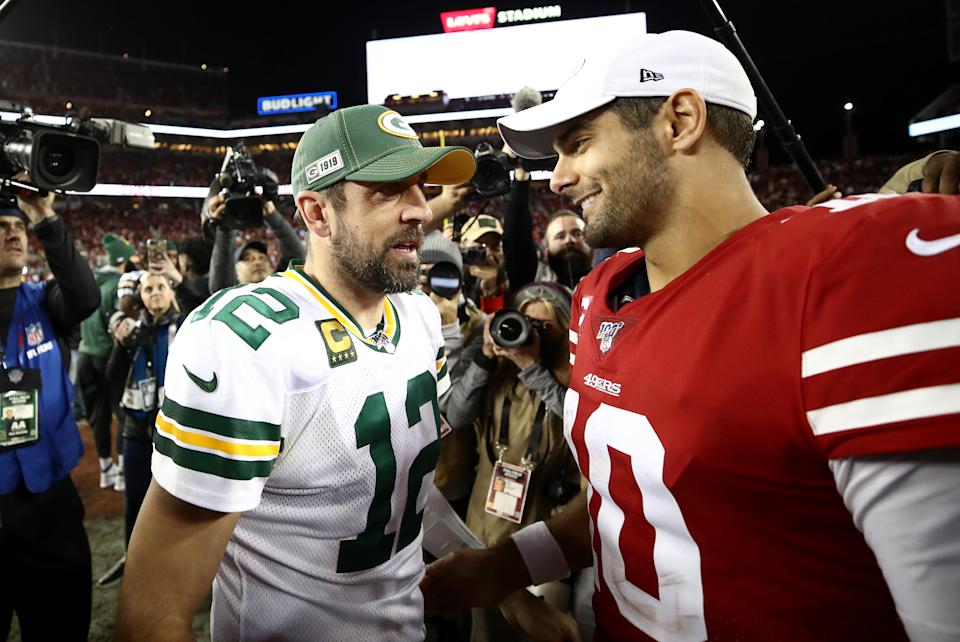 Saturday's divisional showdown between the Packers and 49ers will go a long way toward deciding the futures of Aaron Rodgers and Jimmy Garoppolo. (Photo by Ezra Shaw/Getty Images)