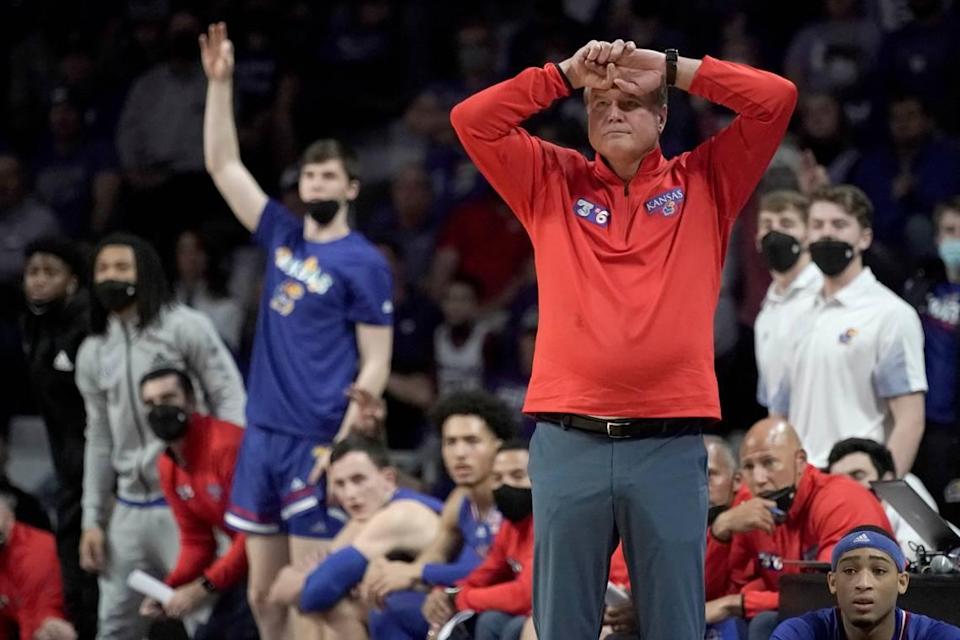 Kansas head coach Bill Self watches during the first half of an NCAA college basketball against Kansas State game Saturday, Jan. 22, 2022, in Manhattan, Kan. (AP Photo/Charlie Riedel)