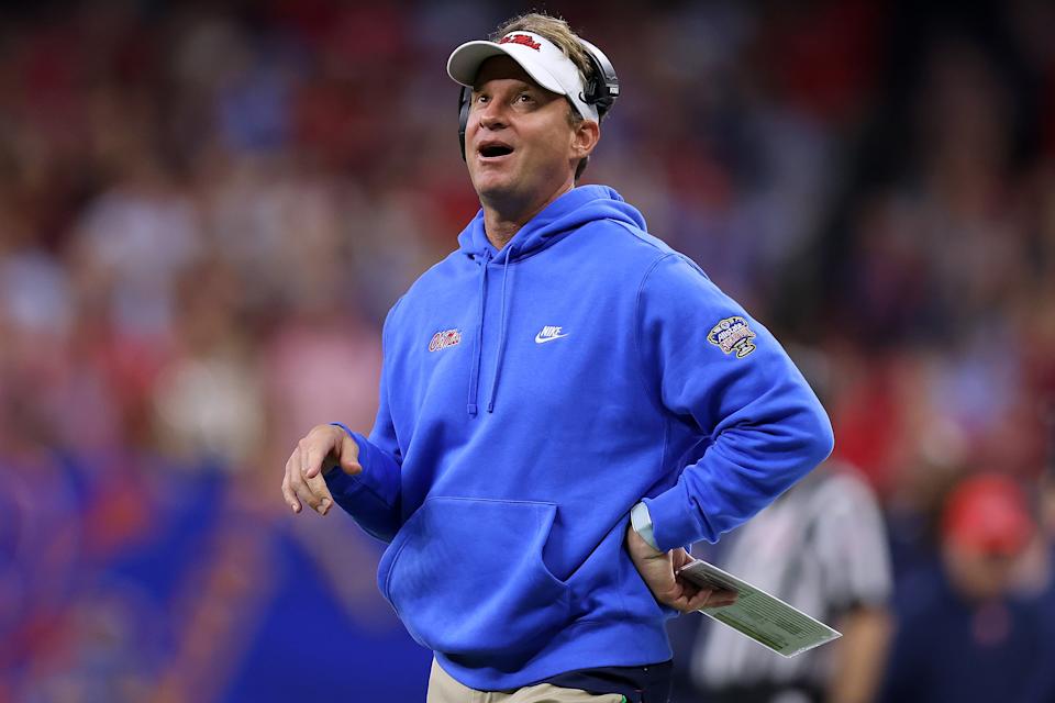 NEW ORLEANS, LOUISIANA - JANUARY 01: Head coach Lane Kiffin of the Mississippi Rebels reacts during the Allstate Sugar Bowl against the Baylor Bears at the Caesars Superdome on January 01, 2022 in New Orleans, Louisiana. (Photo by Jonathan Bachman/Getty Images)