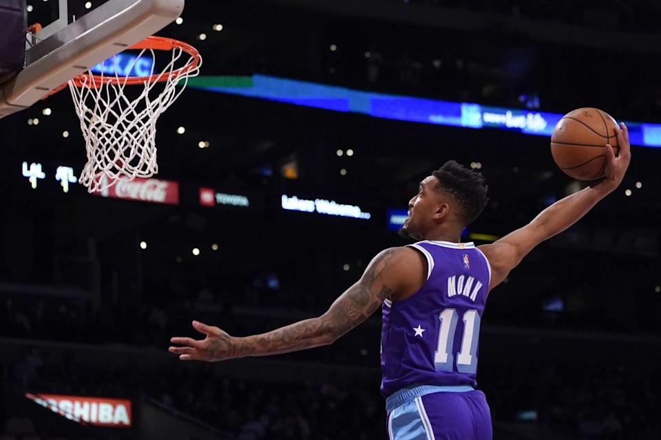 Lakers guard Malik Monk dunks during the first half of a 134-118 win over the Atlanta Hawks on Friday.