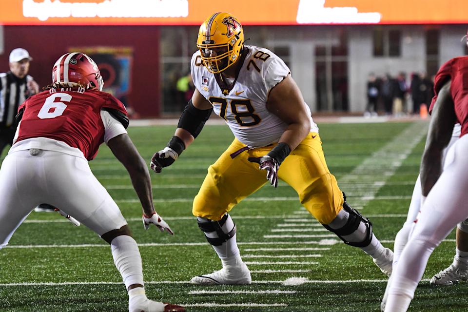 Minnesota OL Daniel Faalele (78) will be the biggest 2022 NFL draft prospect at this year's Senior Bowl. (Photo by James Black/Icon Sportswire via Getty Images)