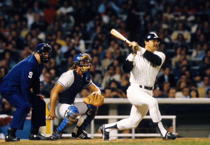 New York Yankees right fielder Reggie Jackson in action against the Los Angeles Dodgers during the 1978 World Series at Yankee Stadium. New York defeated Los Angeles to win the series in six games.