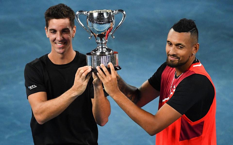 Nick Kyrgios and Thanasi Kokkinakis celebrate their doubles victory at the Australian Open - AFP 