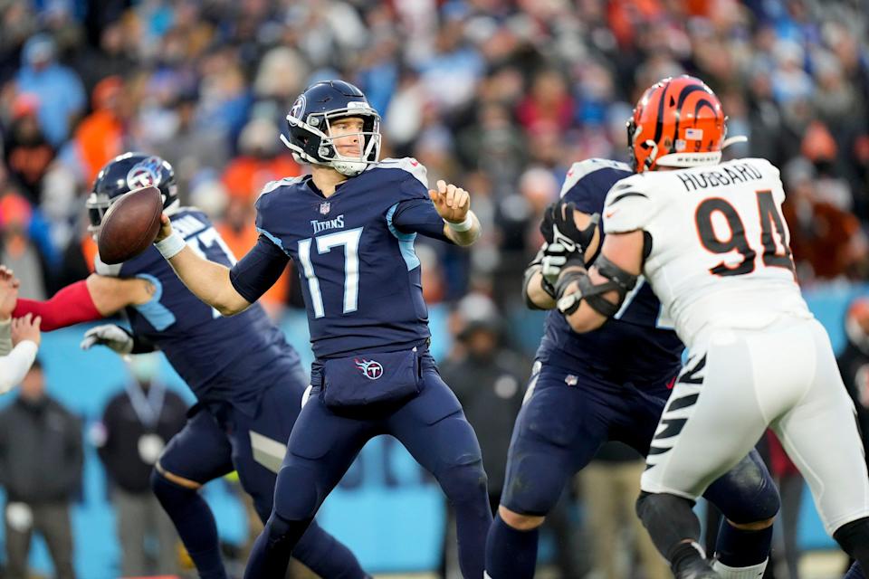 Tennessee Titans quarterback Ryan Tannehill (17) passes the ball during the second quarter of an AFC divisional playoff game at Nissan Stadium Saturday, Jan. 22, 2022 in Nashville, Tenn.