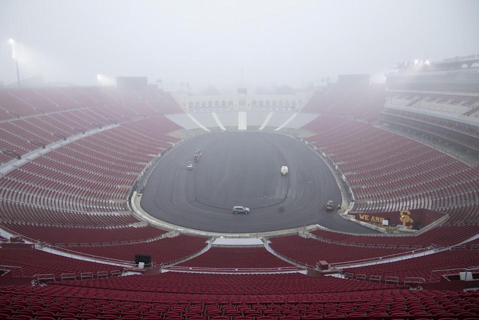 The Coliseum is being converted to a race track for the Busch Light Clash at the Coliseum NASCAR race
