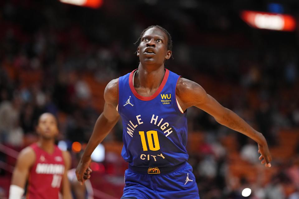 MIAMI, FLORIDA - NOVEMBER 29: Bol Bol #10 of the Denver Nuggets in action against the Miami Heat during the second half at FTX Arena on November 29, 2021 in Miami, Florida. NOTE TO USER: User expressly acknowledges and agrees that, by downloading and or using this photograph, User is consenting to the terms and conditions of the Getty Images License Agreement. (Photo by Mark Brown/Getty Images)