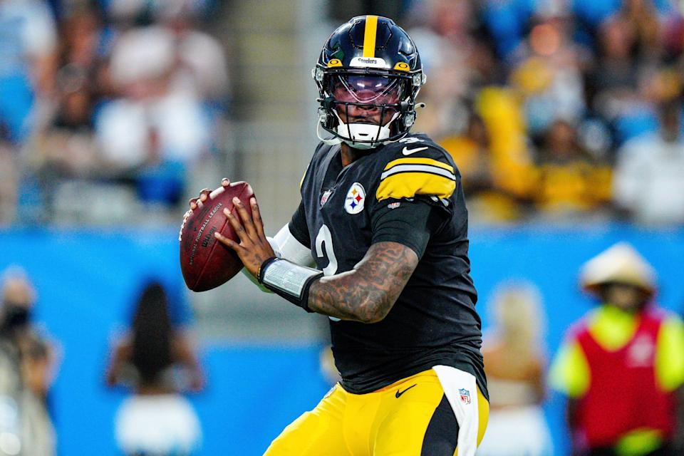 FILE - Pittsburgh Steelers quarterback Dwayne Haskins plays against the Carolina Panthers during the first half of a preseason NFL football game Friday, Aug. 27, 2021, in Charlotte, N.C. Haskins will be given a chance to be the Pittsburgh Steelers starting quarterback in 2022 with veteran Ben Roethlisberger expected to retire after an 18-year career. (AP Photo/Jacob Kupferman, File)