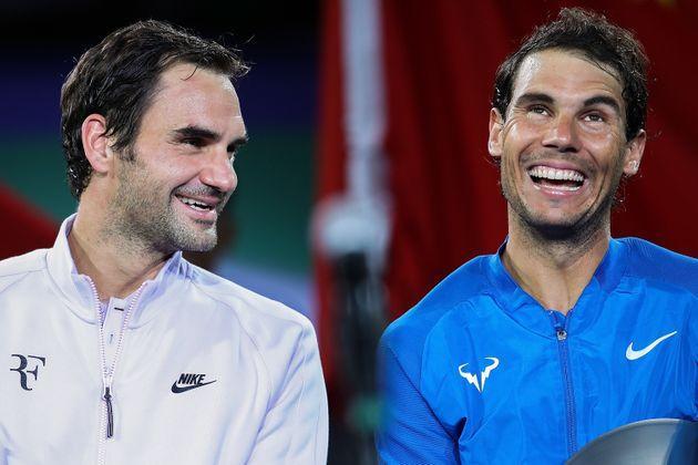 Federer and Nadal talk during the award ceremony after the Men's singles final match at the 2017 ATP Shanghai Rolex Masters on Oct. 15, 2017, in China. (Photo: Lintao Zhang via Getty Images)