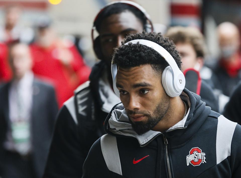 Ohio State Buckeyes wide receiver Chris Olave (2) walks toward the locker room before a NCAA Division I football game between the Indiana Hoosiers and the Ohio State Buckeyes on Saturday, Oct. 23, 2021 at Memorial Stadium in Bloomington, Ind.