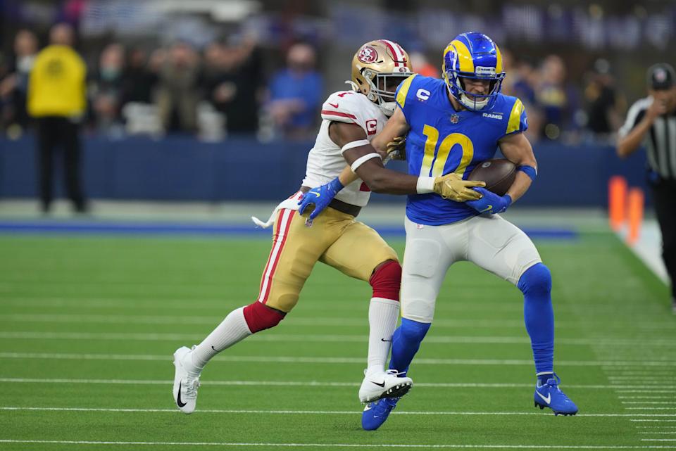 Los Angeles Rams wide receiver Cooper Kupp (10) catches a pass against San Francisco 49ers free safety Jimmie Ward (1) during a Jan. 9 game.