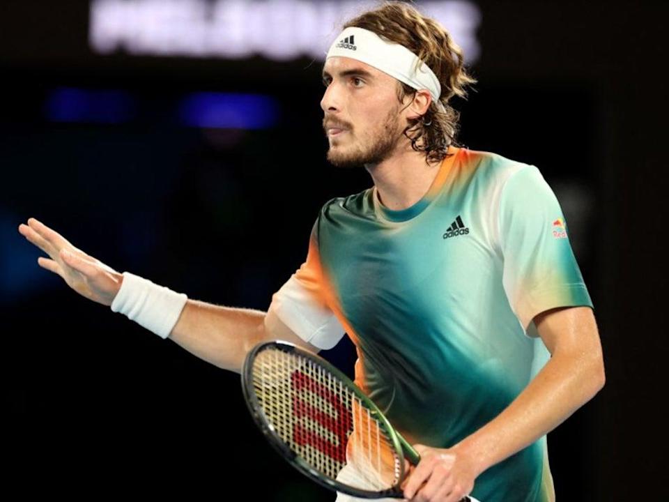 Stefanos Tsitsipas reacts during his semi-final defeat (AFP via Getty Images)