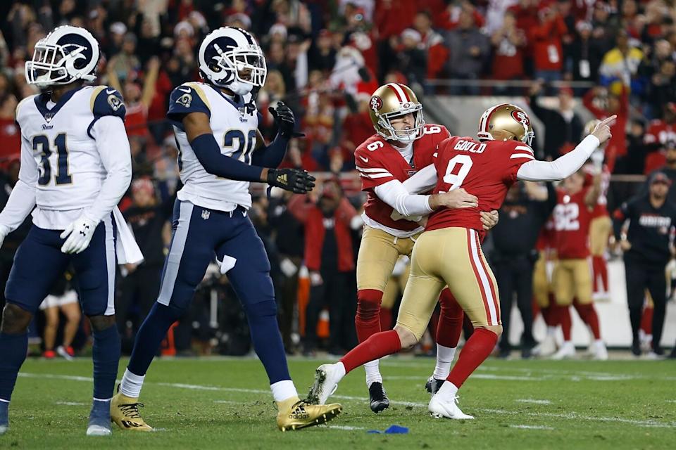 Niners kicker Robbie Gould (9) celebrates after kicking a game-winning field goal against the Rams on Dec. 21, 2019.