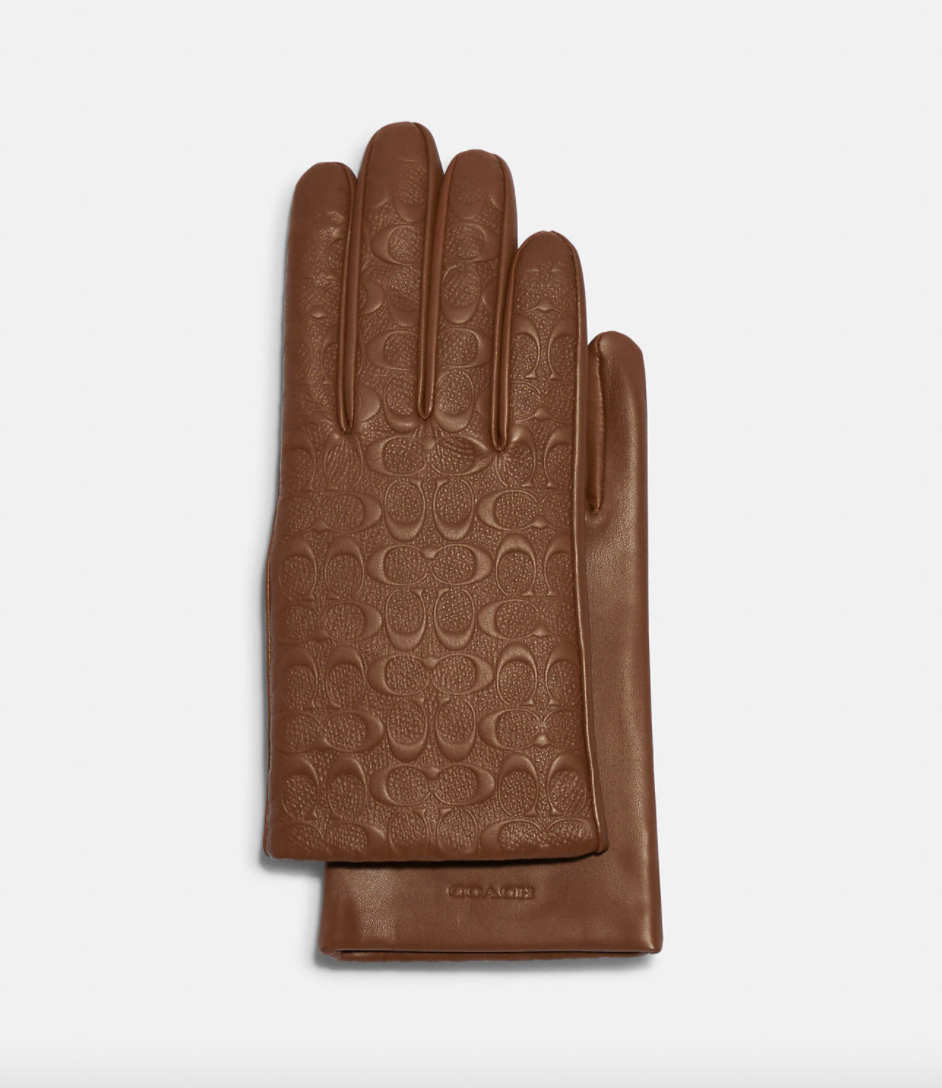 Signature Leather Tech Gloves in brown leather (Photo via Coach Outlet)