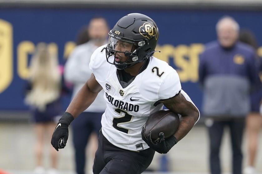 Colorado's Brenden Rice against California against California during an NCAA college football game in Berkeley, Calif., Saturday, Oct. 23, 2021. (AP Photo/Jeff Chiu)