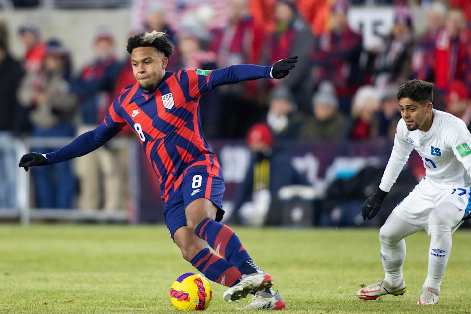 The USMNT's Weston McKennie (8) dribbles the ball during the 1-0 World Cup qualifier win against the El Salvador.