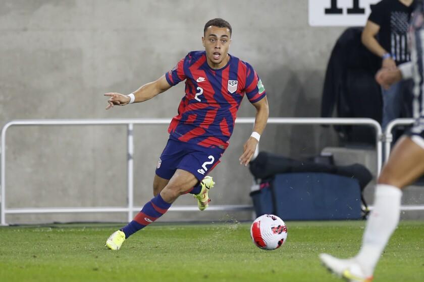 United States' Sergino Dest plays against Costa Rica during a CONCACAF FIFA World Cup qualifying soccer match Wednesday, Oct. 13, 2021, in Columbus, Ohio. (AP Photo/Jay LaPrete)