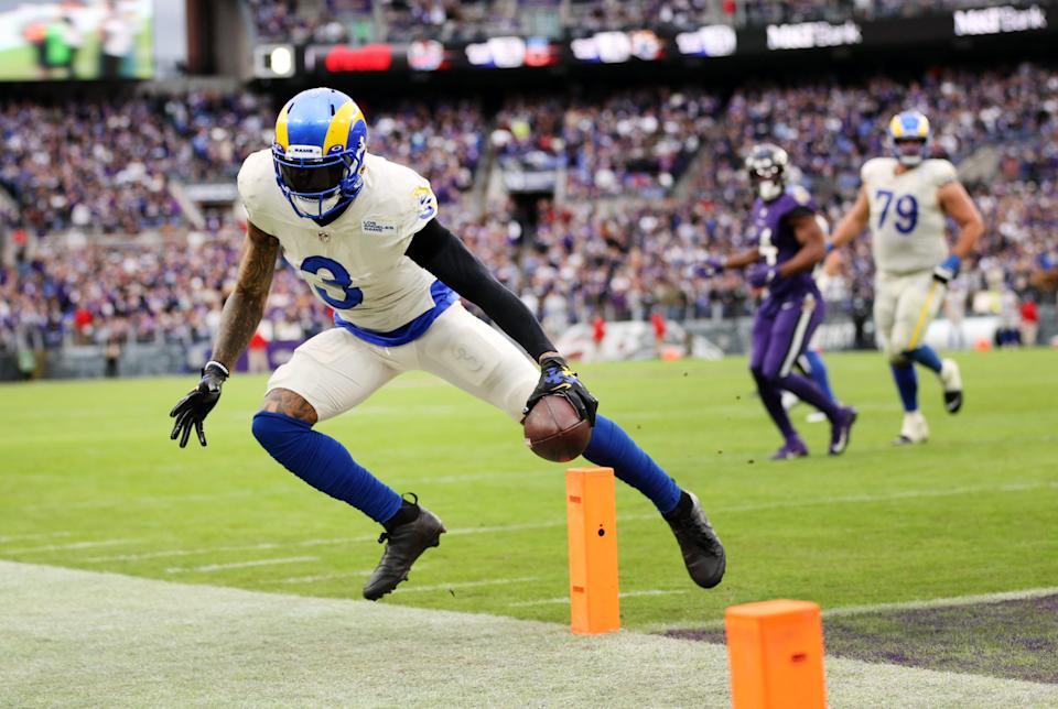 Odell Beckham Jr. #3 of the Los Angeles Rams gets a touchdown in the fourth quarter of the game against the Baltimore Ravens at M&amp;T Bank Stadium on January 02, 2022 in Baltimore, Maryland.