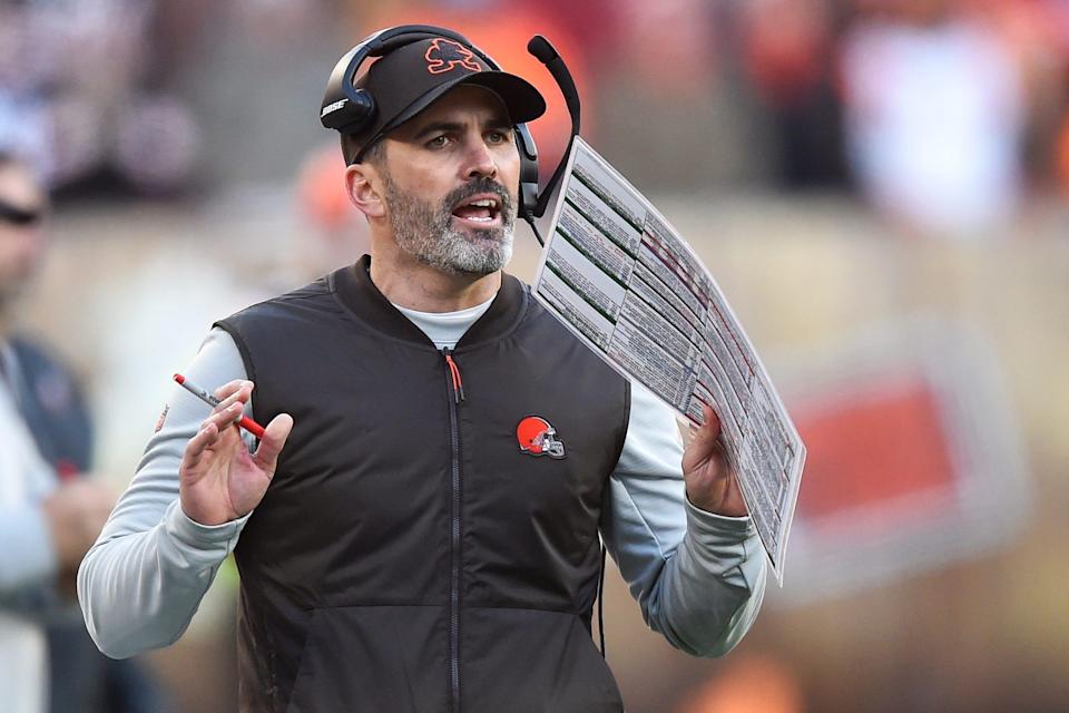 FILE - Cleveland Browns head coach Kevin Stefanski reacts during the second half of an NFL football game against the Baltimore Ravens, Sunday, Dec. 12, 2021, in Cleveland. Quarterback Baker Mayfield and Stefanski tested positive for COVID-19 on Wednesday, Dec. 15, and will likely miss Saturdayâ€™s game against the Las Vegas Raiders as Cleveland deals with a widespread outbreak during its playoff pursuit.
(AP Photo/David Richard, File)