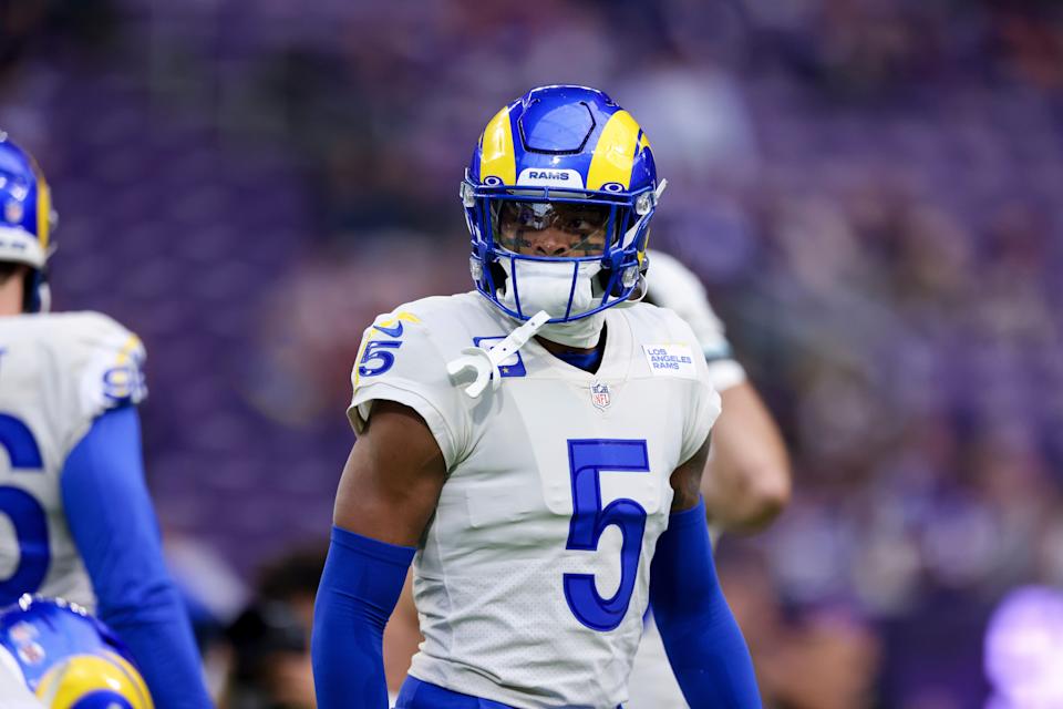 Los Angeles Rams cornerback Jalen Ramsey (5) on the field prior to an NFL football game against the Minnesota Vikings, Sunday, Dec. 26, 2021 in Minneapolis.