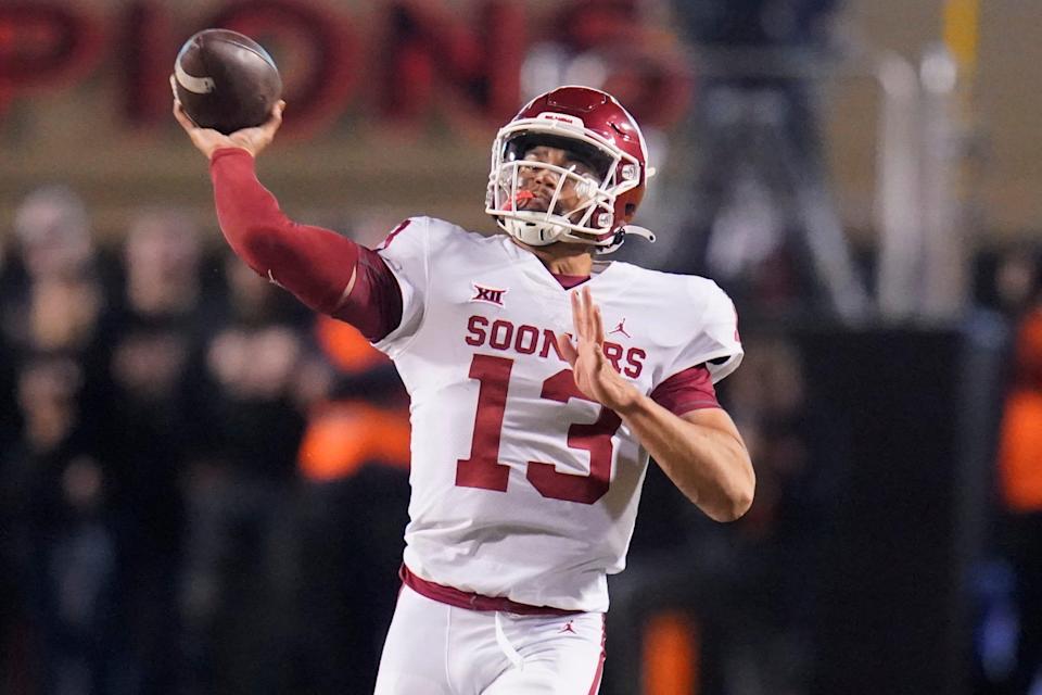 Oklahoma quarterback Caleb Williams throws a pass during a game against Oklahoma State on Nov. 27.