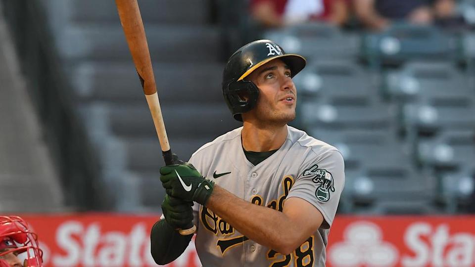 Matt Olson admires home run shot in grey A's uniform