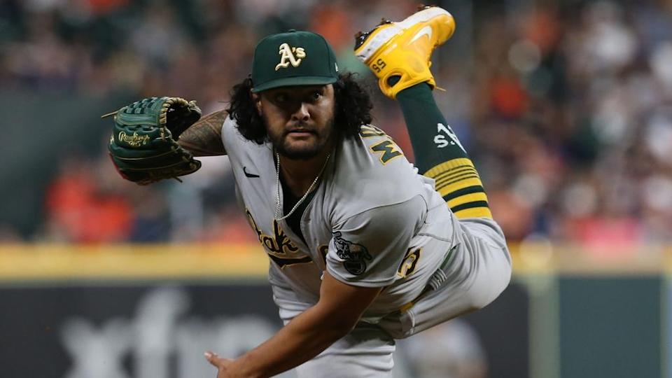 Oakland Athletics starting pitcher Sean Manaea (55) pitches against the Houston Astros in the third inning at Minute Maid Park.